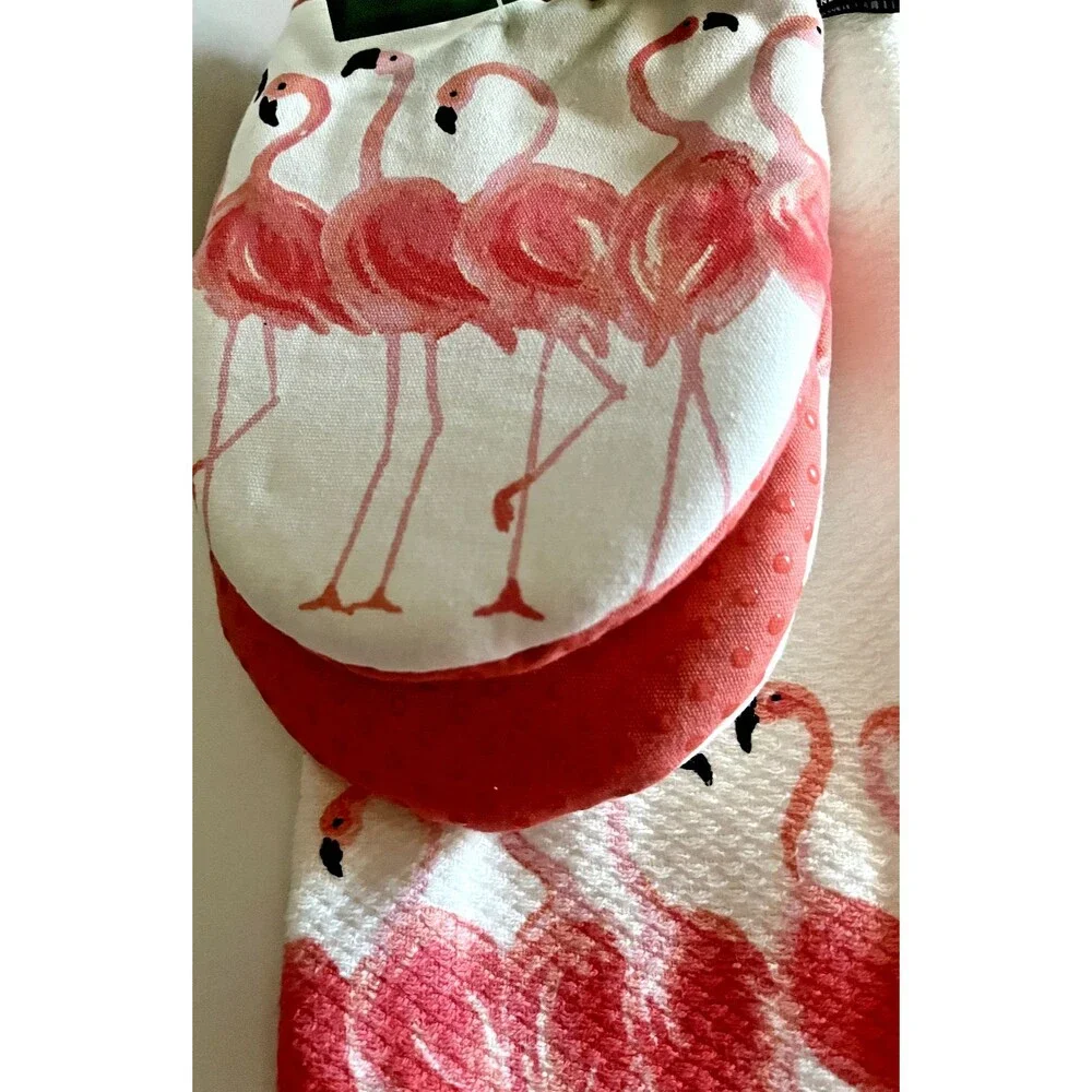 Kate Spade Flamingos Kitchen Dish Towels Mini Oven Mitts Set Pink Cotton 4 Piece